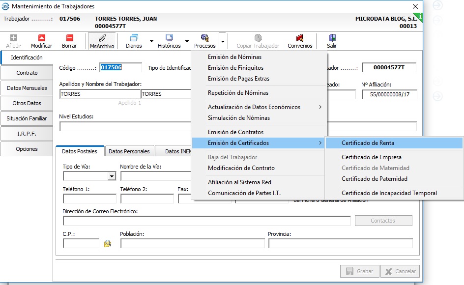 generar certificado renta nominas