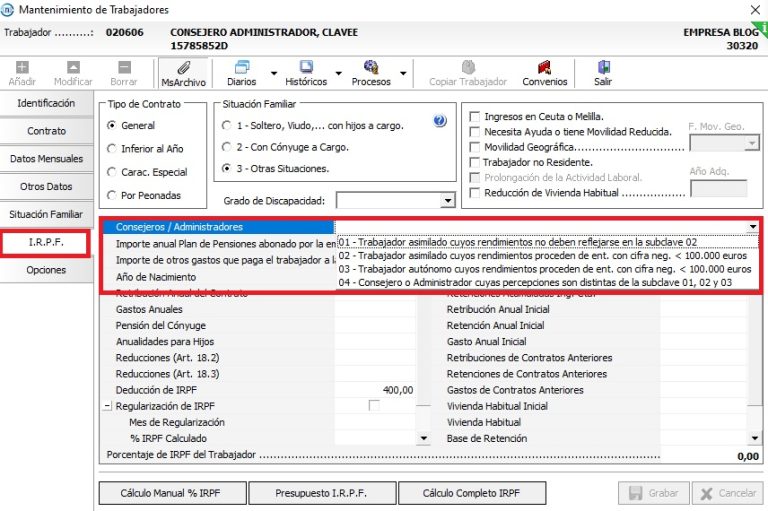 Mecanización clave e Modelo 190. Consejeros y Administradores